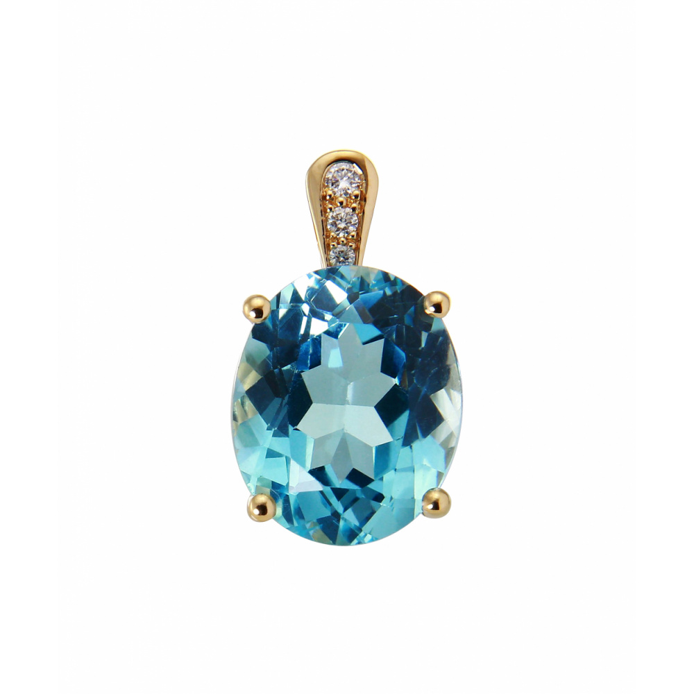 Pendentif Or Jaune 750 Topaze Bleue Traitee Ovale 12x10mmet Diamant - Bijoux Femme