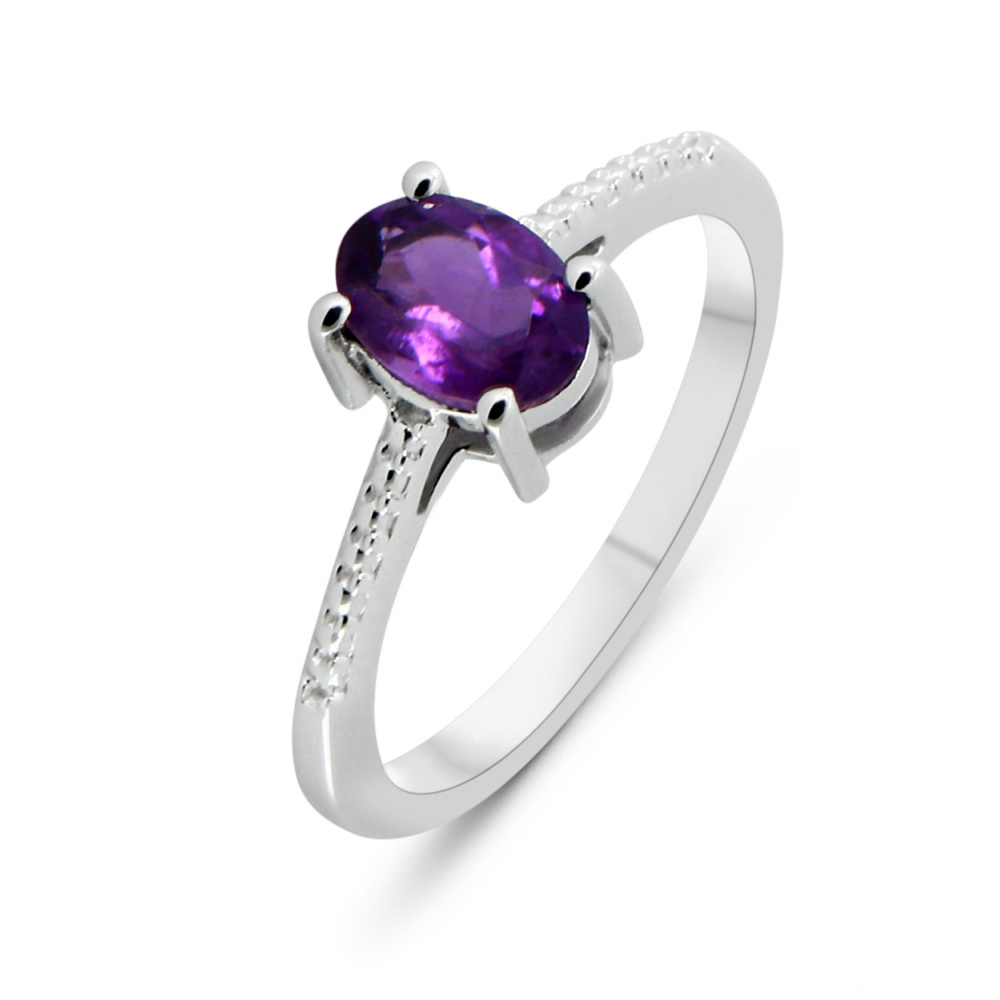 Bague Argent Massif 925 Rhodié Avec Améthyste Cz Ovale 8 Mm - Taille 54 - Dolly-Bijoux