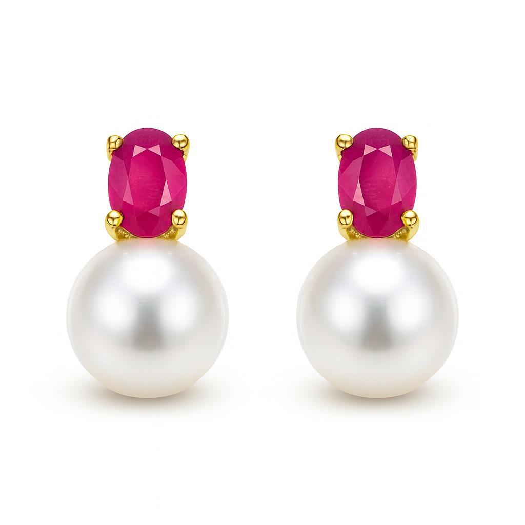 Boucles d oreilles Or Jaune 750 Rubis 4x3mm et Perle 6mm