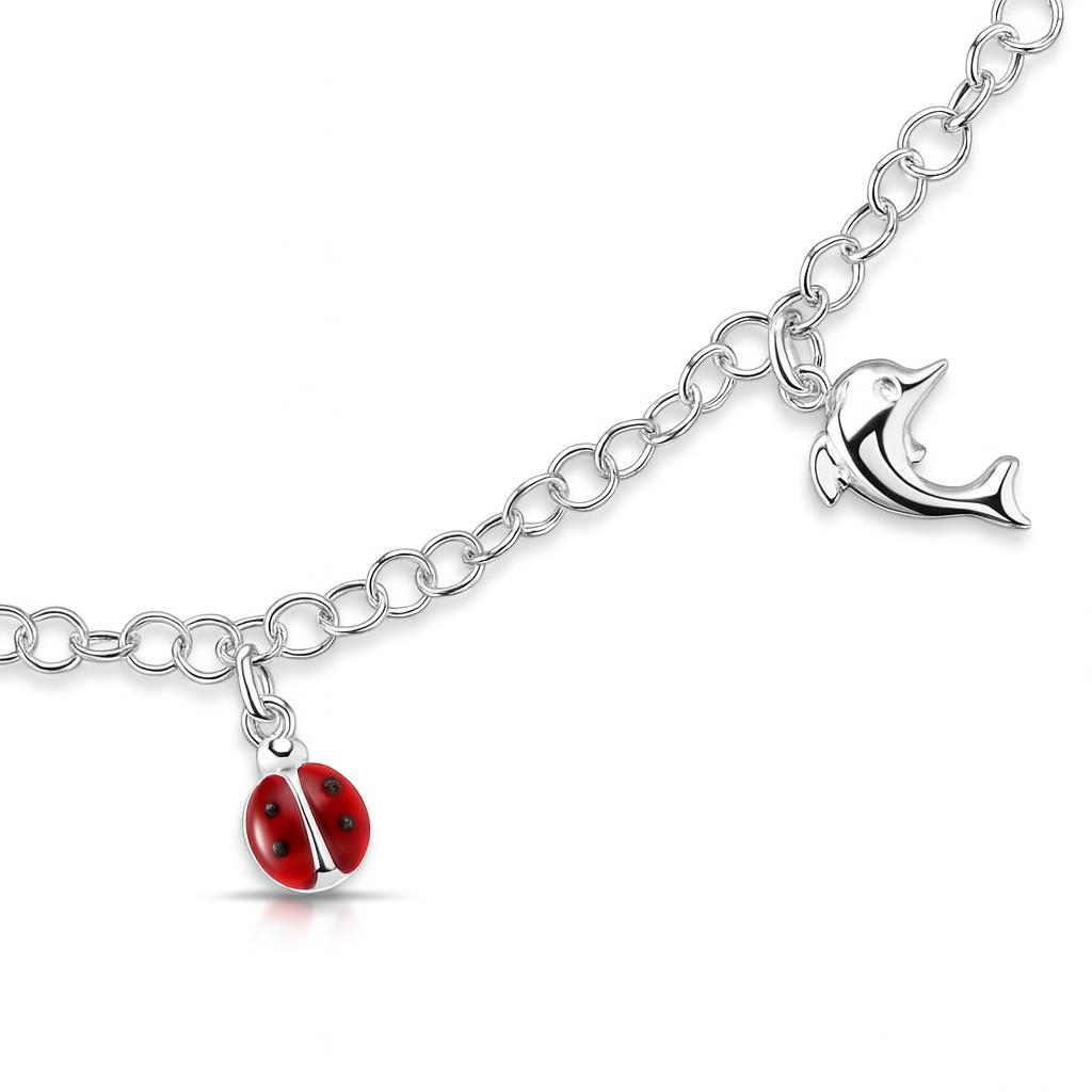 Bracelet Argent Breloques Coccinelles et Dauphins 19cm