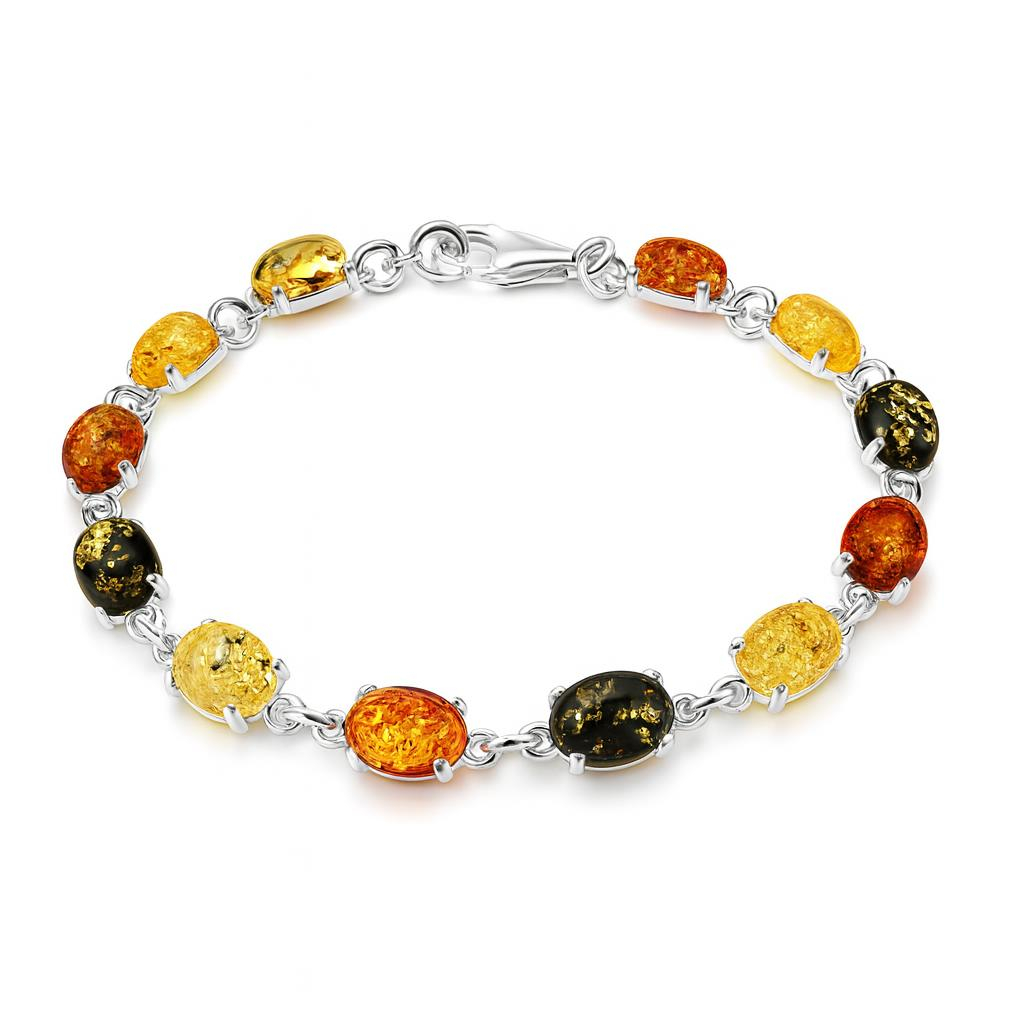 Bracelet Argent Ambre Multicolore Ovale 8x6mm