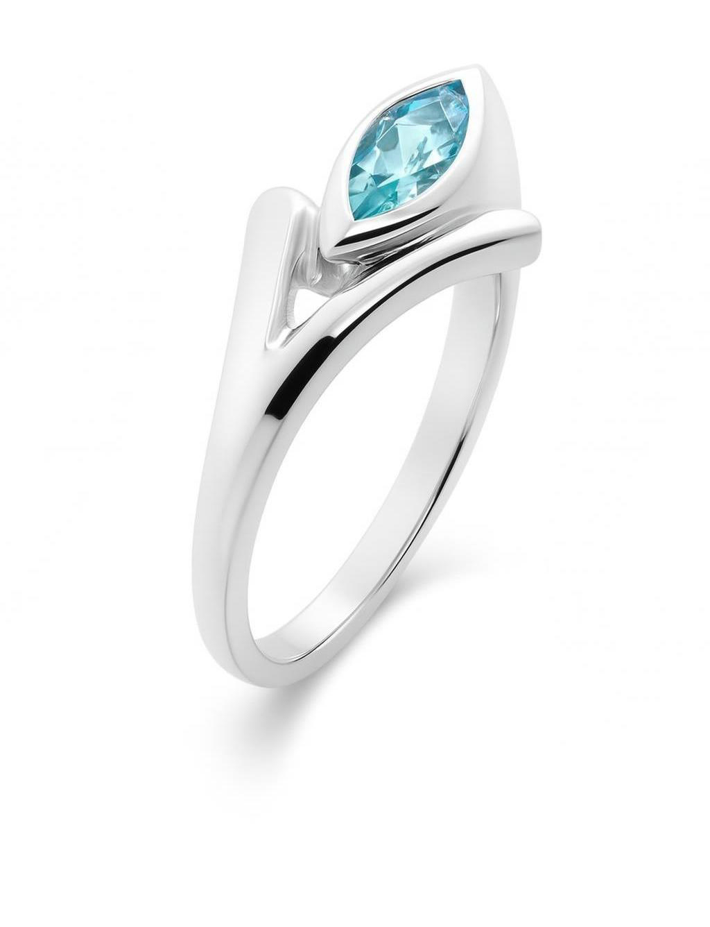Bague Argent Topaze Bleue Traitee Navette 8x4mm